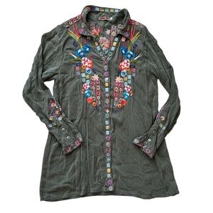 Johnny Was Olive Embroidered Floral Shirt